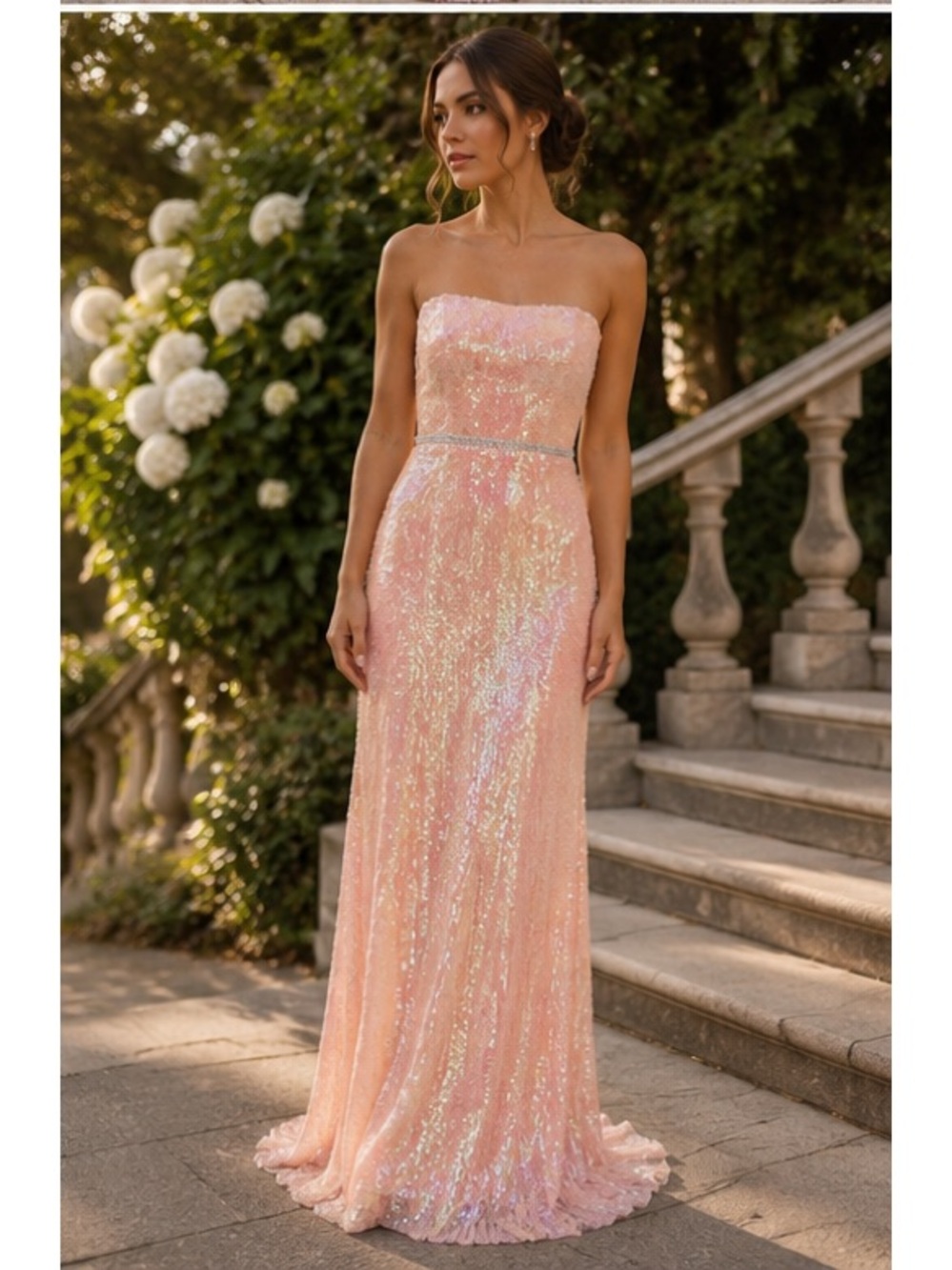 NWT IEENA for Mac Duggal Strapless Sequin Rhinestone Waist Gown Peach Pink Sz 8
